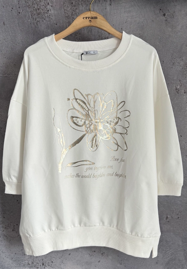 MEGI BIAŁA BLUZA / NADRUK ZE ZŁOTYM KWIATEM I PEREŁKAMI / PLUS SIZE / B2093