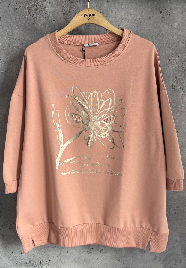 MEGI BRZOSKWINIOWO RÓŻOWA BLUZA / NADRUK ZE ZŁOTYM KWIATEM I PEREŁKAMI / PLUS SIZE / B2093