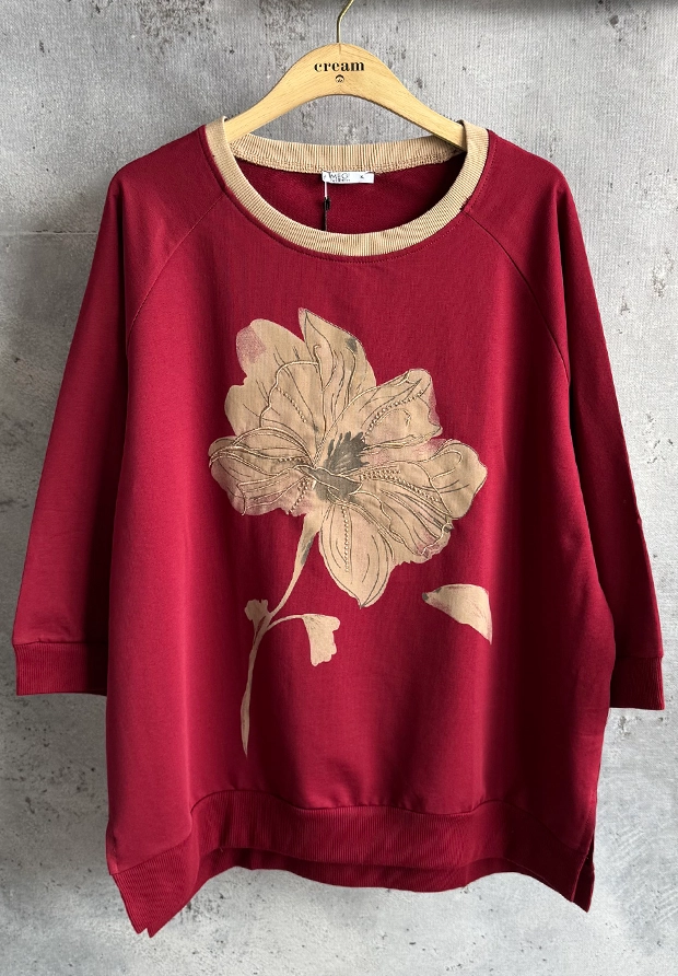 MEGI WIŚNIOWA BLUZA Z HAFTOWANYM KWIATEM  CAPPUCCINO / PLUS SIZE / B3501