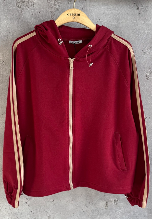 MEGI WIŚNIOWA ROZPINANA BLUZA Z KAPTUREM / CAPPUCCINO LAMPASY / H3385
