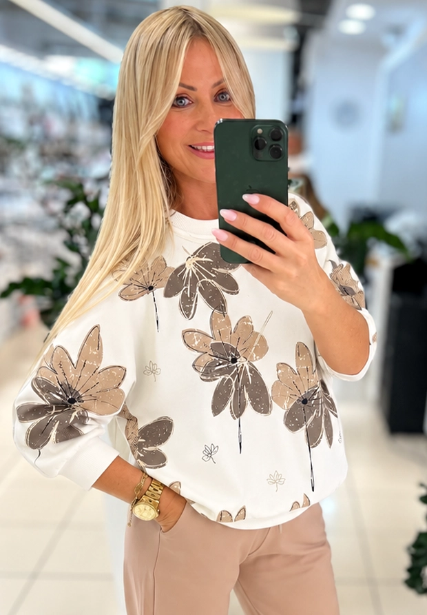 MEGI BIAŁA BLUZA Z KWIATOWYM NADRUKIEM / BEŻOWY & CAPPUCCINO / M6025