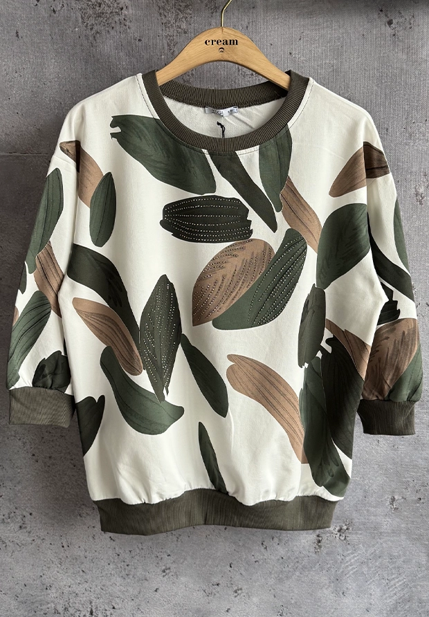 MEGI BIAŁA BLUZA W LIŚCIE / OLIWKA & CAPPUCCINO & KHAKI / B2586