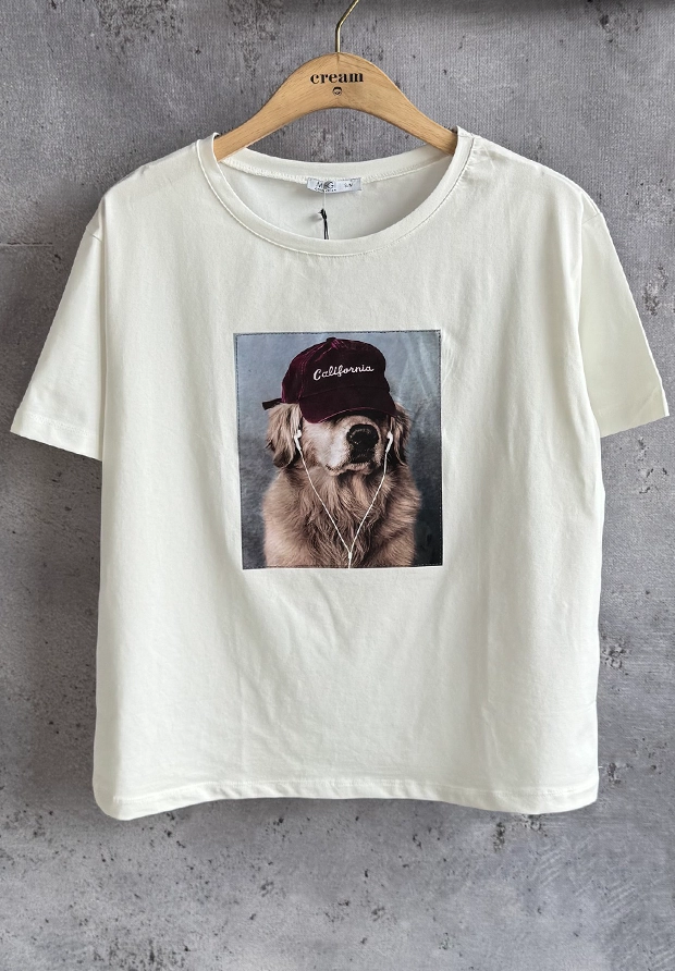 MEGI BIAŁA BLUZKA T-SHIRT Z NADRUKIEM PIESKA / JESIENNA KOLEKCJA / B3617