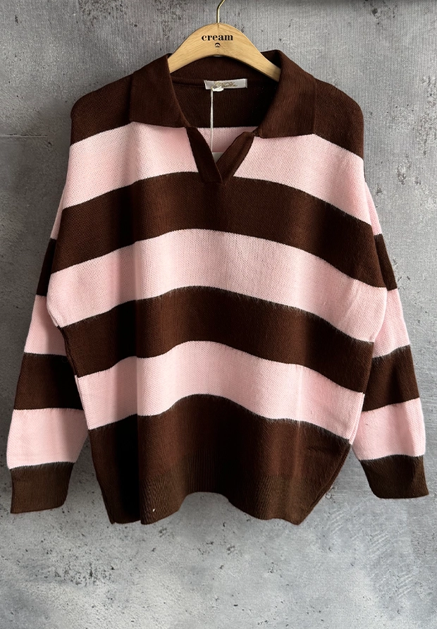 HANNA BELLA SWETERKOWA BLUZA - SWETER POLO W BRĄZOWO JASNO RÓŻOWE PASY