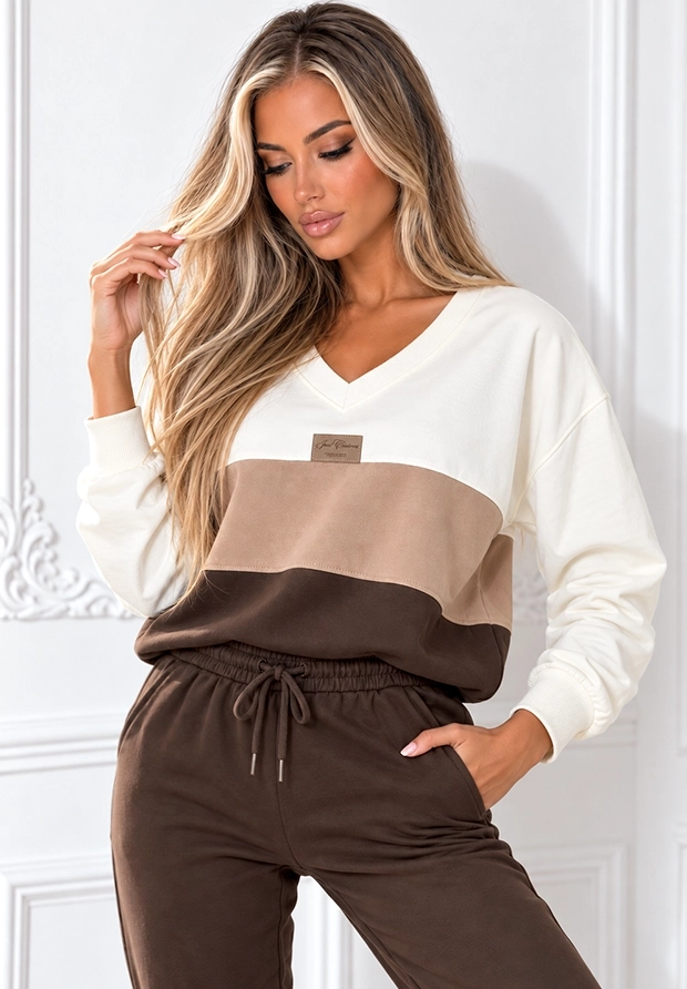 MEGI BIAŁA BLUZA W PASY / CAPPUCCINO & CIEMNY BRĄZ / B3390