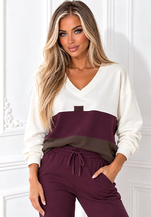 MEGI BIAŁA BLUZA W PASY / ŚLIWKOWY & CIEMNY BRĄZ / B3390 