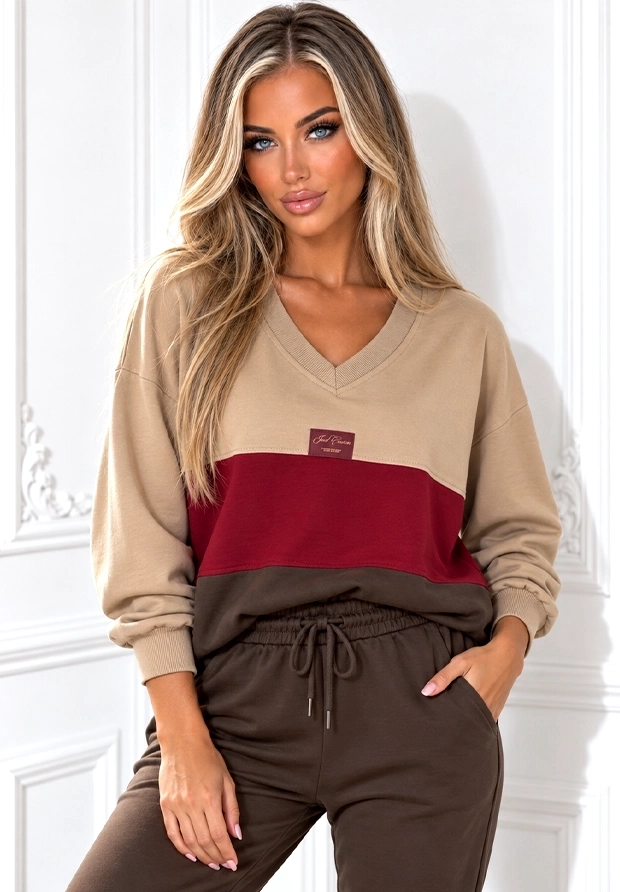 MEGI CAPPUCCINO BLUZA W PASY / WIŚNIOWY & CIEMNY BRĄZ / B3390 