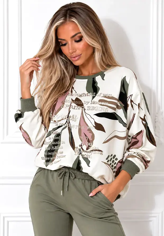 MEGI BIAŁA LUŹNA BLUZA Z BOTANICZNYM WZOREM / OLIWKA & PUDROWY RÓŻ & CZARNY & CZEKOLADOWY BRĄZ / B3410